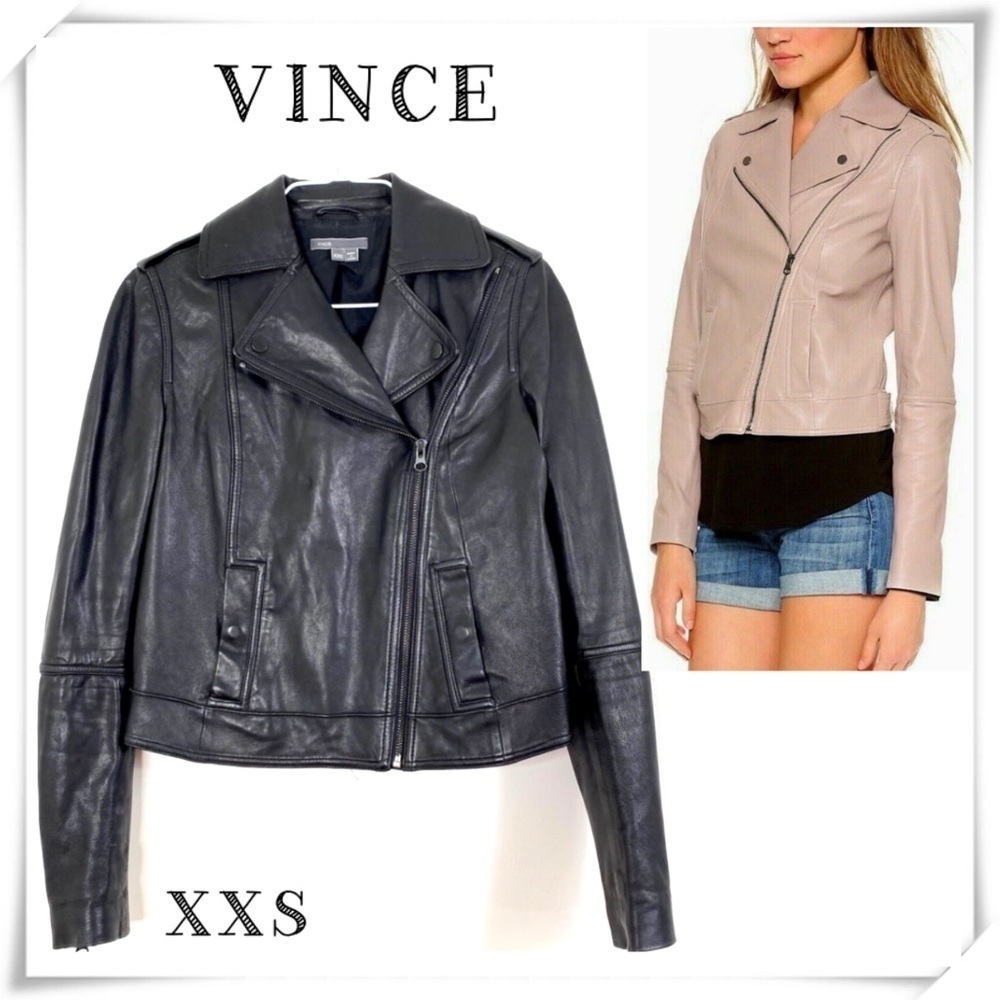 VINCE Genuine Leather Classic Moto Jacket In Black Size XXS